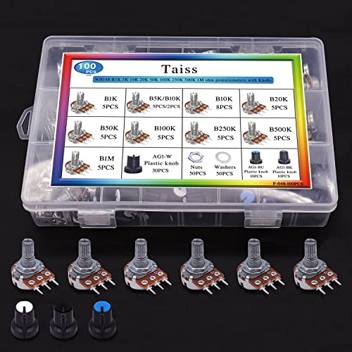 Taiss 100PCS Potentiometer Kit,WH148 B1K 5K 10K 20K 50K 100K 250K 500K 1M ohm potentiometers,Potentiometer Assortment,Single Linear Taper Potentiometer 3 Terminal with Knobs,Nuts and Washers