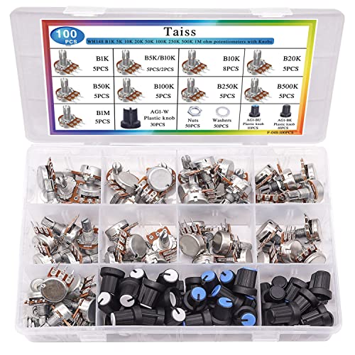 Taiss 100PCS Potentiometer Kit,WH148 B1K 5K 10K 20K 50K 100K 250K 500K 1M ohm potentiometers,Potentiometer Assortment,Single Linear Taper Potentiometer 3 Terminal with Knobs,Nuts and Washers
