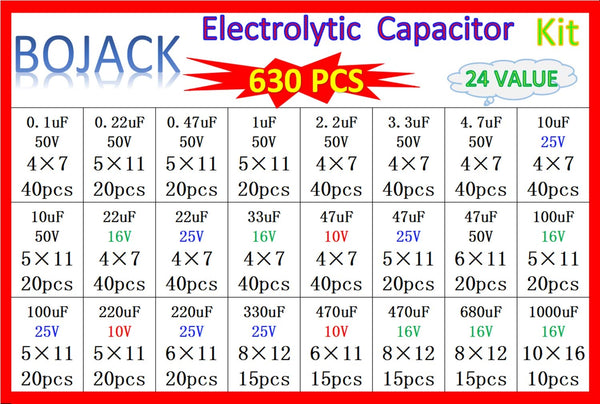 BOJACK 24Value 630pcs Aluminum Electrolytic Capacitor Assortment Box Kit Range 0.1uF-1000uF