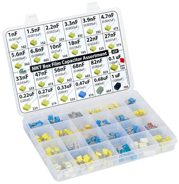 Metallized Polyester MKT PET Film Box Capacitor Assortment Kit, 235 pcs, 24 Values, 63V, 1nF to 1uF