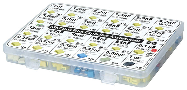 Metallized Polyester MKT PET Film Box Capacitor Assortment Kit, 235 pcs, 24 Values, 63V, 1nF to 1uF