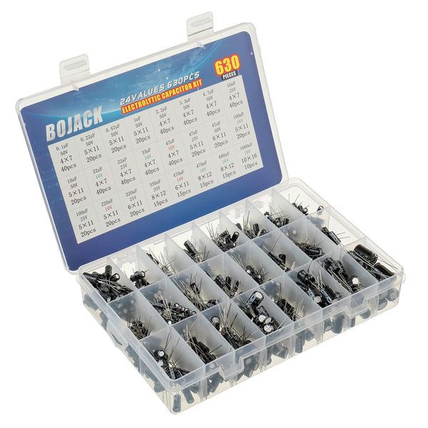 BOJACK 24Value 630pcs Aluminum Electrolytic Capacitor Assortment Box Kit Range 0.1uF-1000uF
