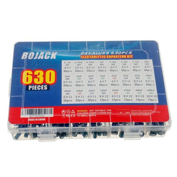 BOJACK 24Value 630pcs Aluminum Electrolytic Capacitor Assortment Box Kit Range 0.1uF-1000uF
