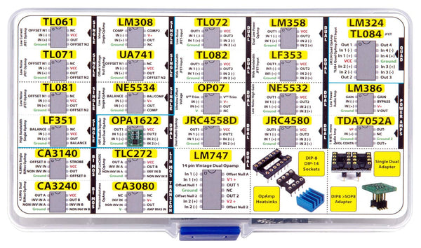 3pdt OpAmp Assortment 70 pcs incl. Sockets, TL061 TL071 TL081 UA71 LM308 LF351 LF353 NE5534, OPA1622 LM324 TL072 TL082 LM358 LM747 OP07 JRC4558D Dual NE5532 LM386 CA3080 CA3140 CA3240 TDA7052