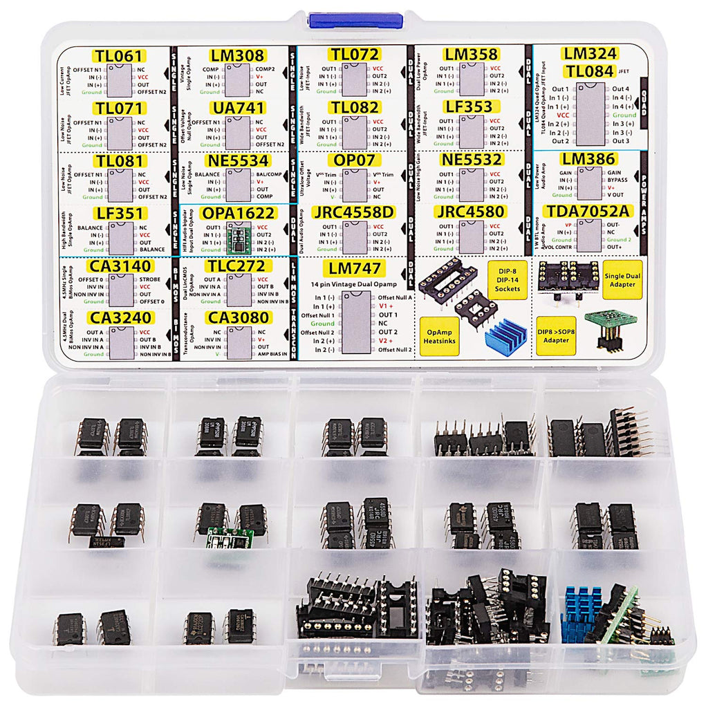 3pdt OpAmp Assortment 70 pcs incl. Sockets, TL061 TL071 TL081 UA71 LM308 LF351 LF353 NE5534, OPA1622 LM324 TL072 TL082 LM358 LM747 OP07 JRC4558D Dual NE5532 LM386 CA3080 CA3140 CA3240 TDA7052
