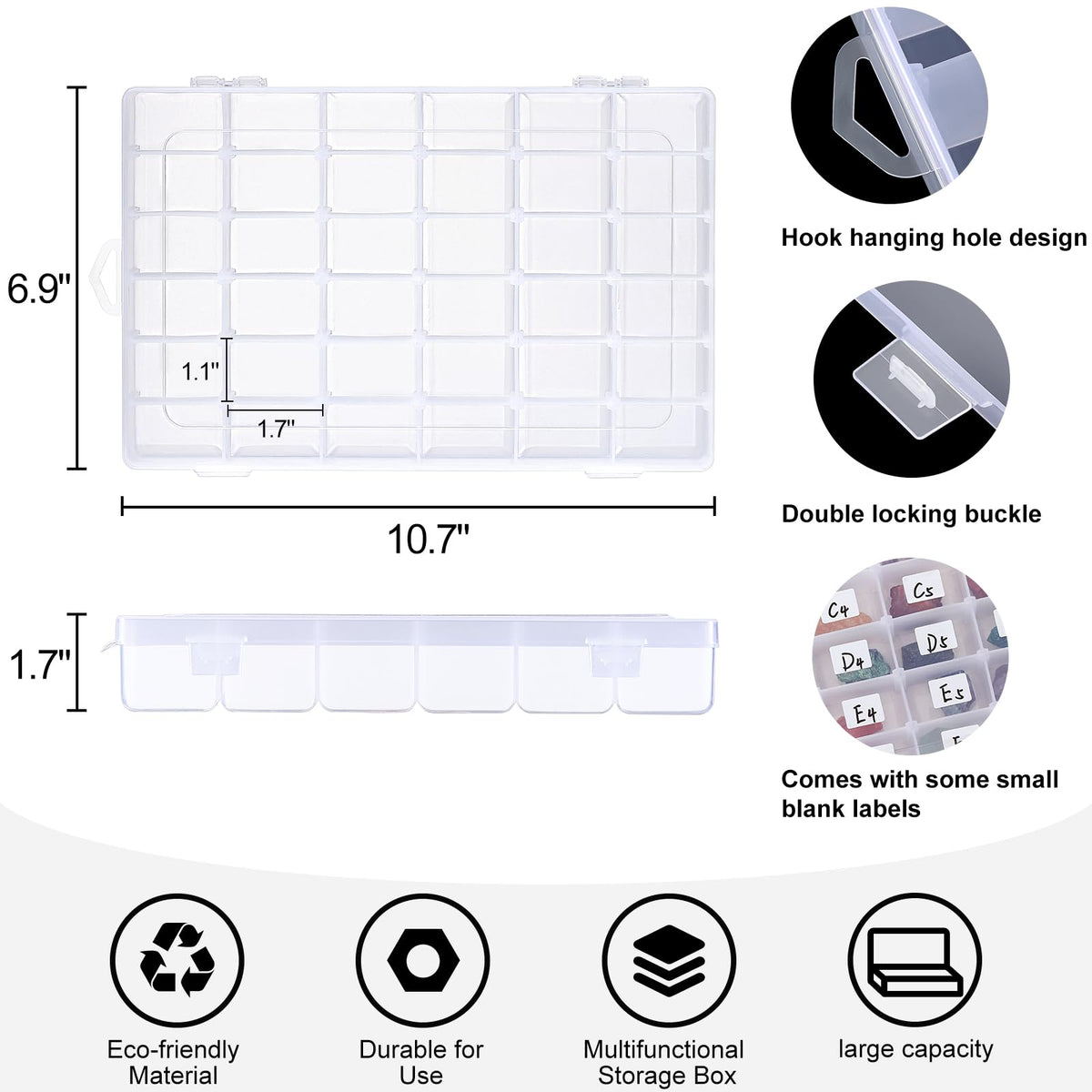 2 Pack 36 Grids Clear Plastic Organizer Box with Adjustable Dividers, Small Craft Organizers and Storage, Compartment Container for guitar pedal and electronic parts