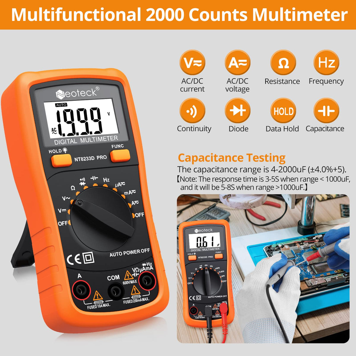Neoteck Auto Ranging Digital Multimeter AC/DC Voltage Current Ohm Capacitance Frequency Diode Transistor Audible Continuity, Multi Tester with Backlit LCD