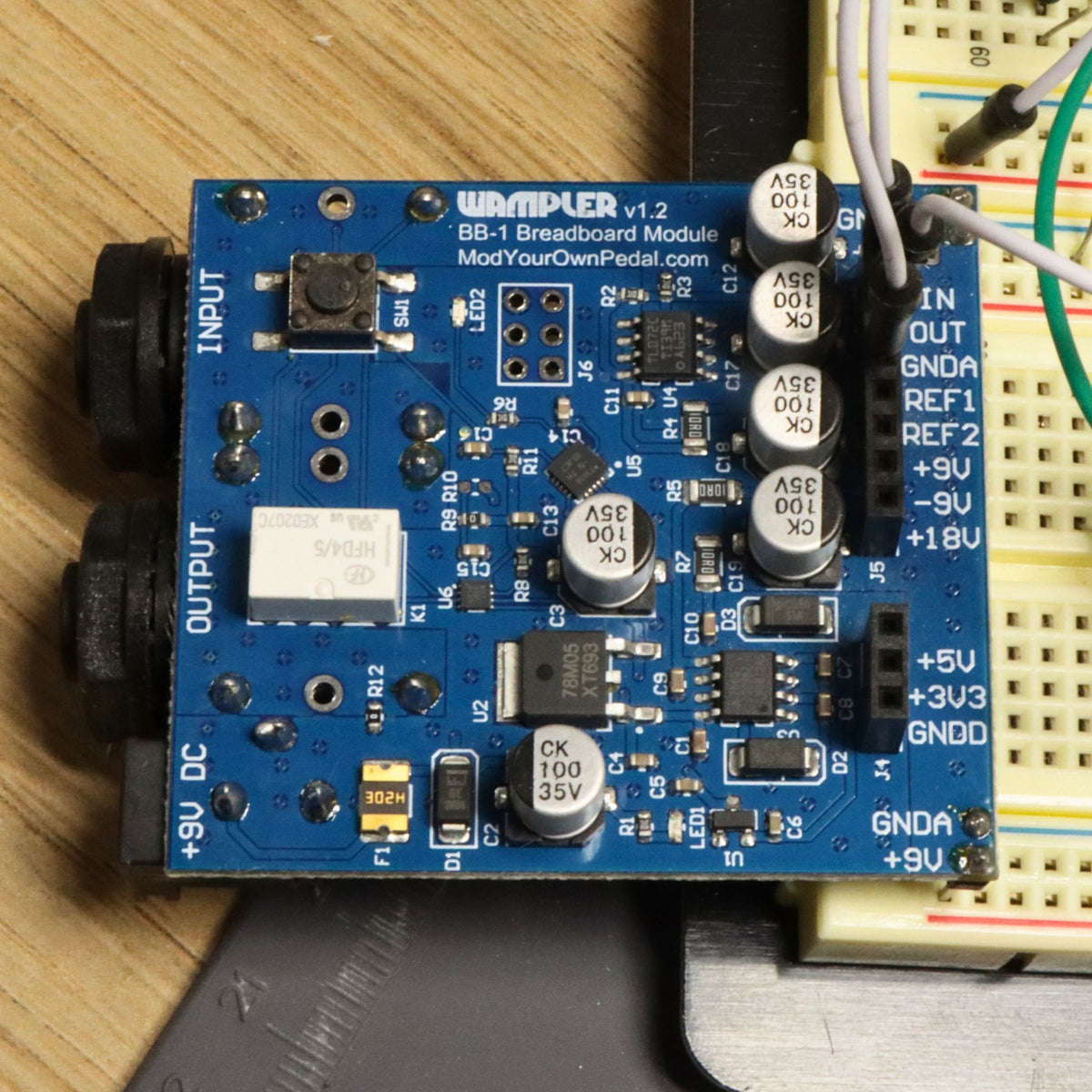 Wampler BB-1 guitar pedal breadboard module, top view, showing input, output and 9V DC jacks and +9V, -9V, +18V, +5V and 3.3V power pins