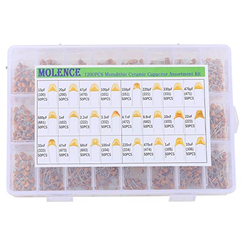 Molence 1200PCS 24 Values Multilayer Monolithic Ceramic Capacitor, 10pF to 10uF Ceramic Capacitor Assortment Kit with Storage Box for Hobby Electronics, Audio-Video