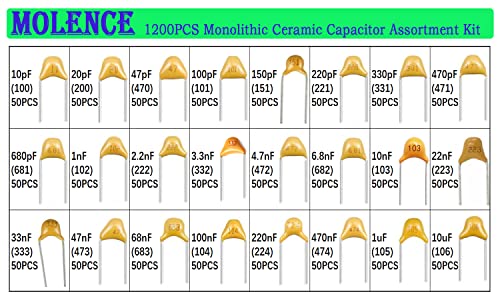Molence 1200PCS 24 Values Multilayer Monolithic Ceramic Capacitor, 10pF to 10uF Ceramic Capacitor Assortment Kit with Storage Box for Hobby Electronics, Audio-Video