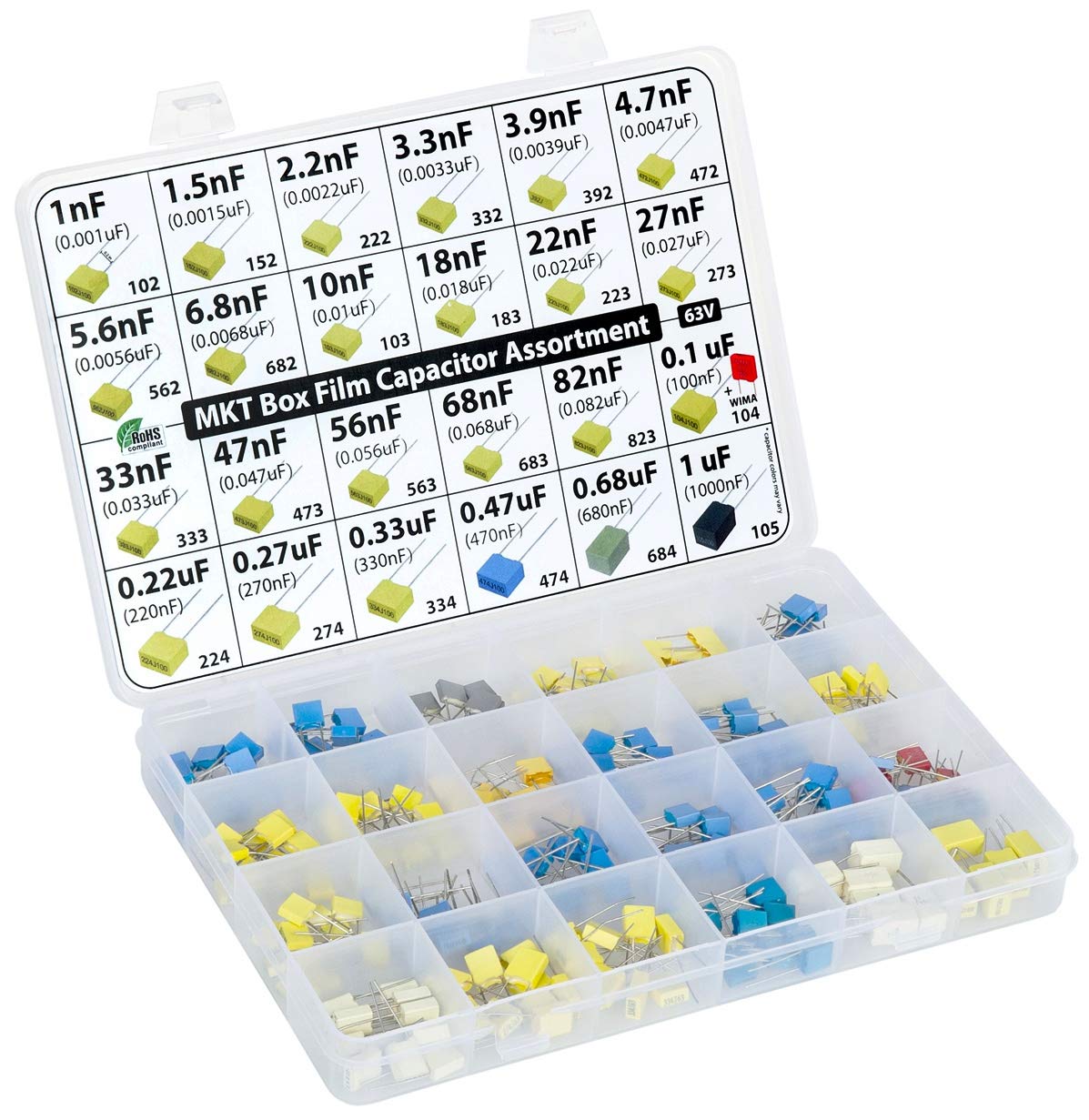 Metallized Polyester MKT PET Film Box Capacitor Assortment Kit, 235 pcs, 24 Values, 63V, 1nF to 1uF