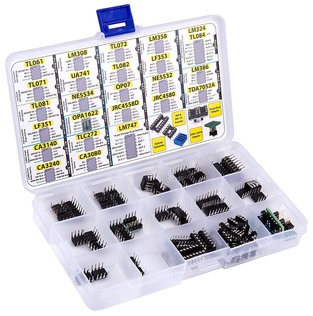 3pdt OpAmp Assortment 70 pcs incl. Sockets, TL061 TL071 TL081 UA71 LM308 LF351 LF353 NE5534, OPA1622 LM324 TL072 TL082 LM358 LM747 OP07 JRC4558D Dual NE5532 LM386 CA3080 CA3140 CA3240 TDA7052