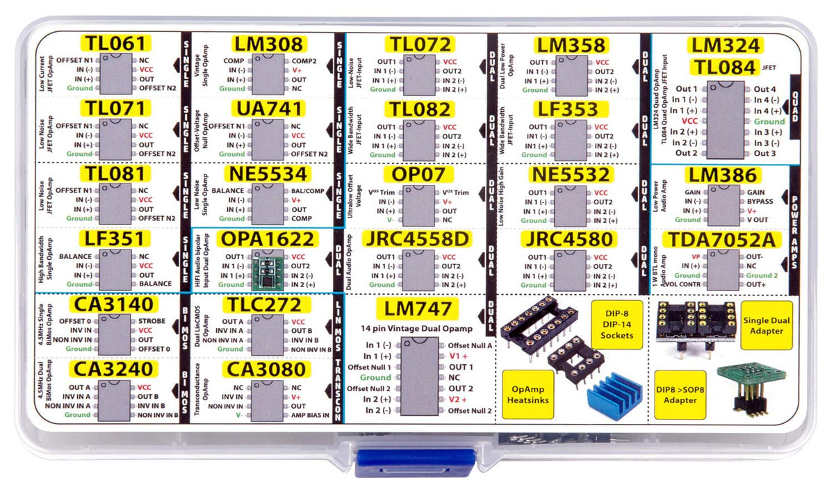 3pdt OpAmp Assortment 70 pcs incl. Sockets, TL061 TL071 TL081 UA71 LM308 LF351 LF353 NE5534, OPA1622 LM324 TL072 TL082 LM358 LM747 OP07 JRC4558D Dual NE5532 LM386 CA3080 CA3140 CA3240 TDA7052
