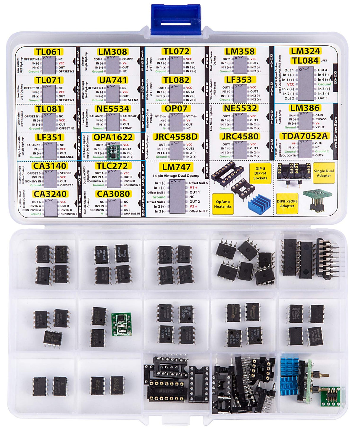 3pdt OpAmp Assortment 70 pcs incl. Sockets, TL061 TL071 TL081 UA71 LM308 LF351 LF353 NE5534, OPA1622 LM324 TL072 TL082 LM358 LM747 OP07 JRC4558D Dual NE5532 LM386 CA3080 CA3140 CA3240 TDA7052