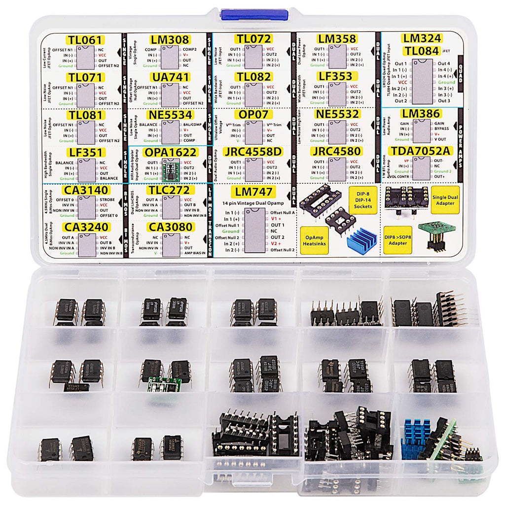 3pdt OpAmp Assortment 70 pcs incl. Sockets, TL061 TL071 TL081 UA71 LM308 LF351 LF353 NE5534, OPA1622 LM324 TL072 TL082 LM358 LM747 OP07 JRC4558D Dual NE5532 LM386 CA3080 CA3140 CA3240 TDA7052