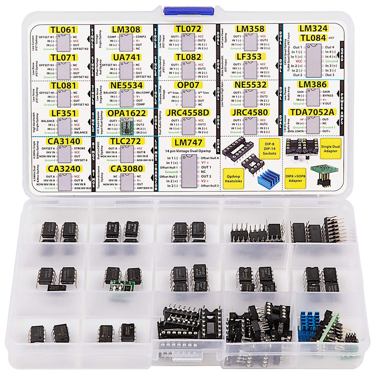 3pdt OpAmp Assortment 70 pcs incl. Sockets, TL061 TL071 TL081 UA71 LM308 LF351 LF353 NE5534, OPA1622 LM324 TL072 TL082 LM358 LM747 OP07 JRC4558D Dual NE5532 LM386 CA3080 CA3140 CA3240 TDA7052